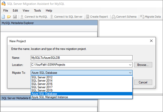 Azure SQL MySQL - Create a New Project in SSMA for MySQL